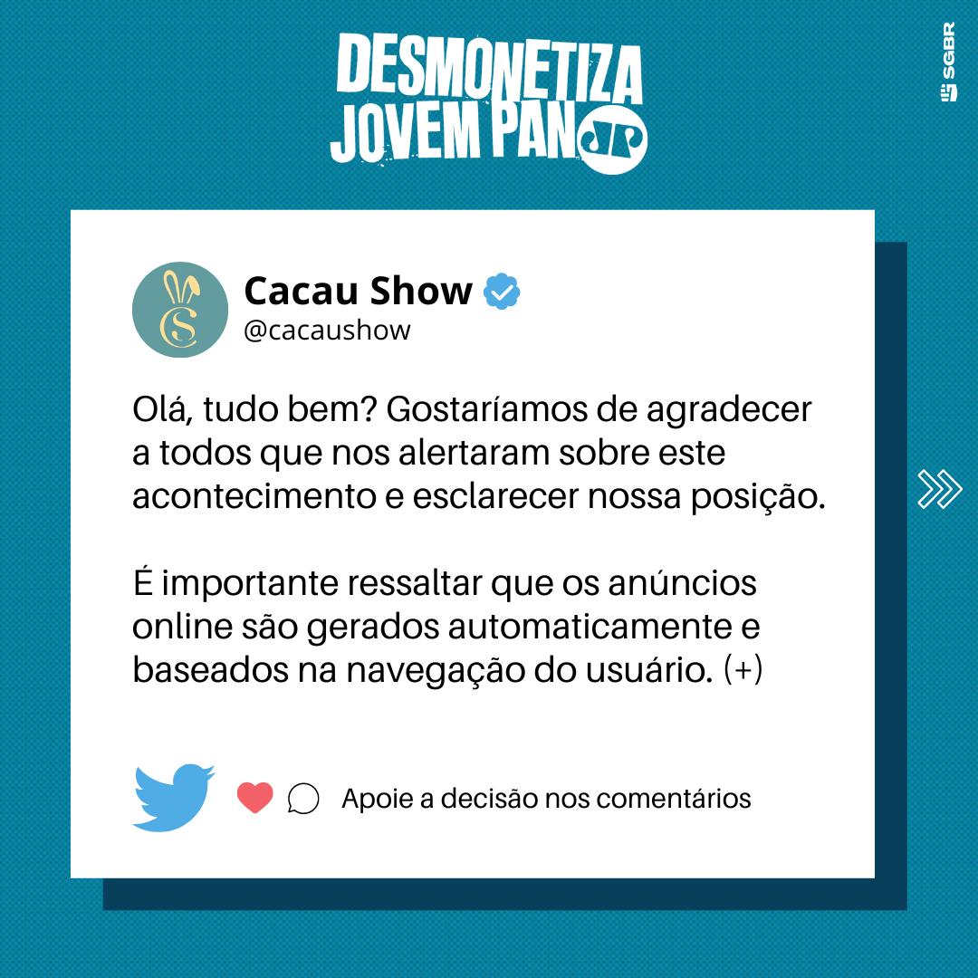 slpng_giants_pt's tweet photo. 🐰 O coelhinho da páscoa chegou e nos trouxe chocolate!!!

A @cacaushow É A 81ª EMPRESA QUE RETIRA SEUS ANÚNCIOS DA JOVEM PAN!

Bora comemorar com 300 comentários aqui com a #DesmonetizaJovemPan parabenizando a Cacau Show pela decisão?! 🥳

Você também pode vir desmonetizar, @googlebrasil 👀👀👀
