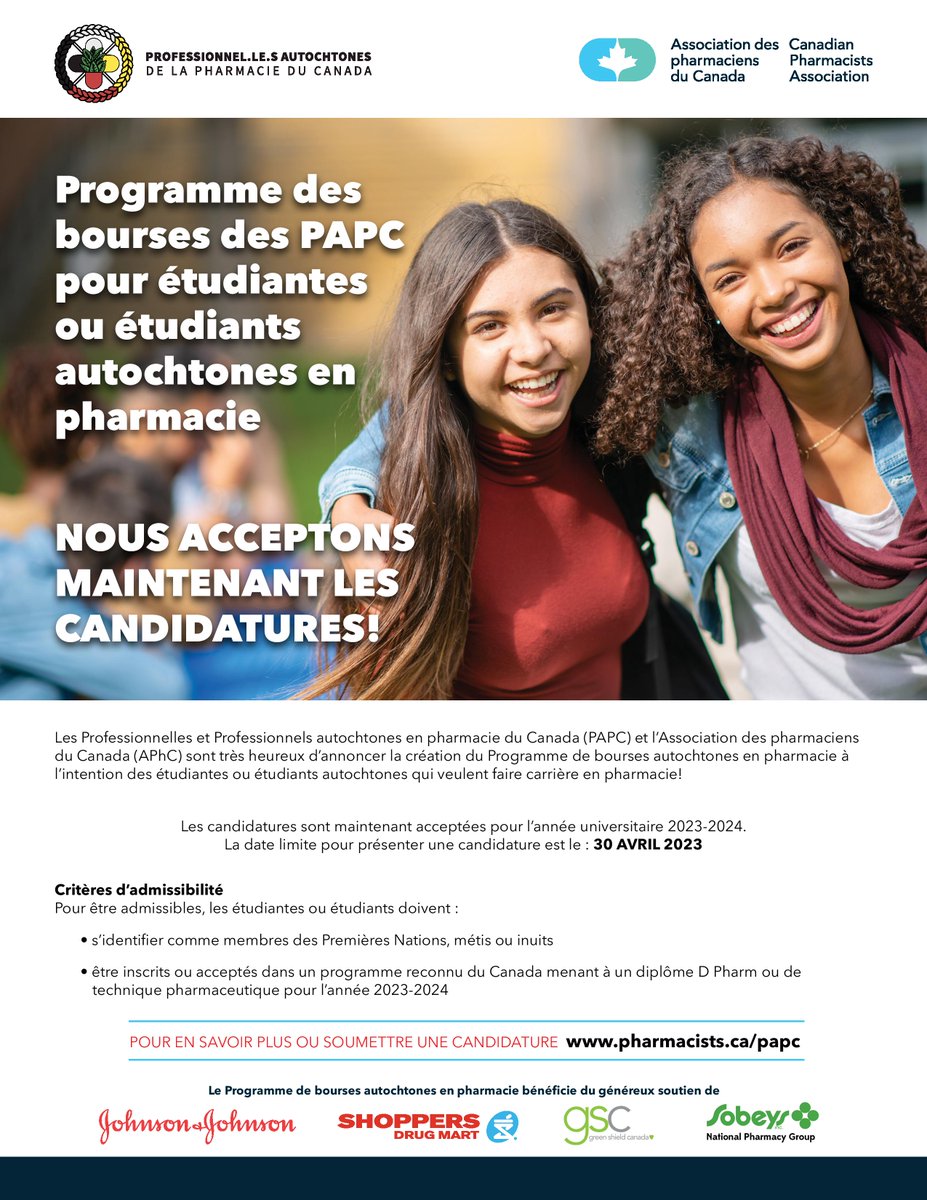 Attention fellow pharmacy students!

We are excited to share that @IndigenousPharm and  <a href="/CPhAAPhC/">CPhA/APhC</a>  have 2 scholarships for Indigenous students looking to pursue a career in pharmacy!

Deadline to apply is April 30, 2023 and successful recipients will be notified by May 30, 2023.