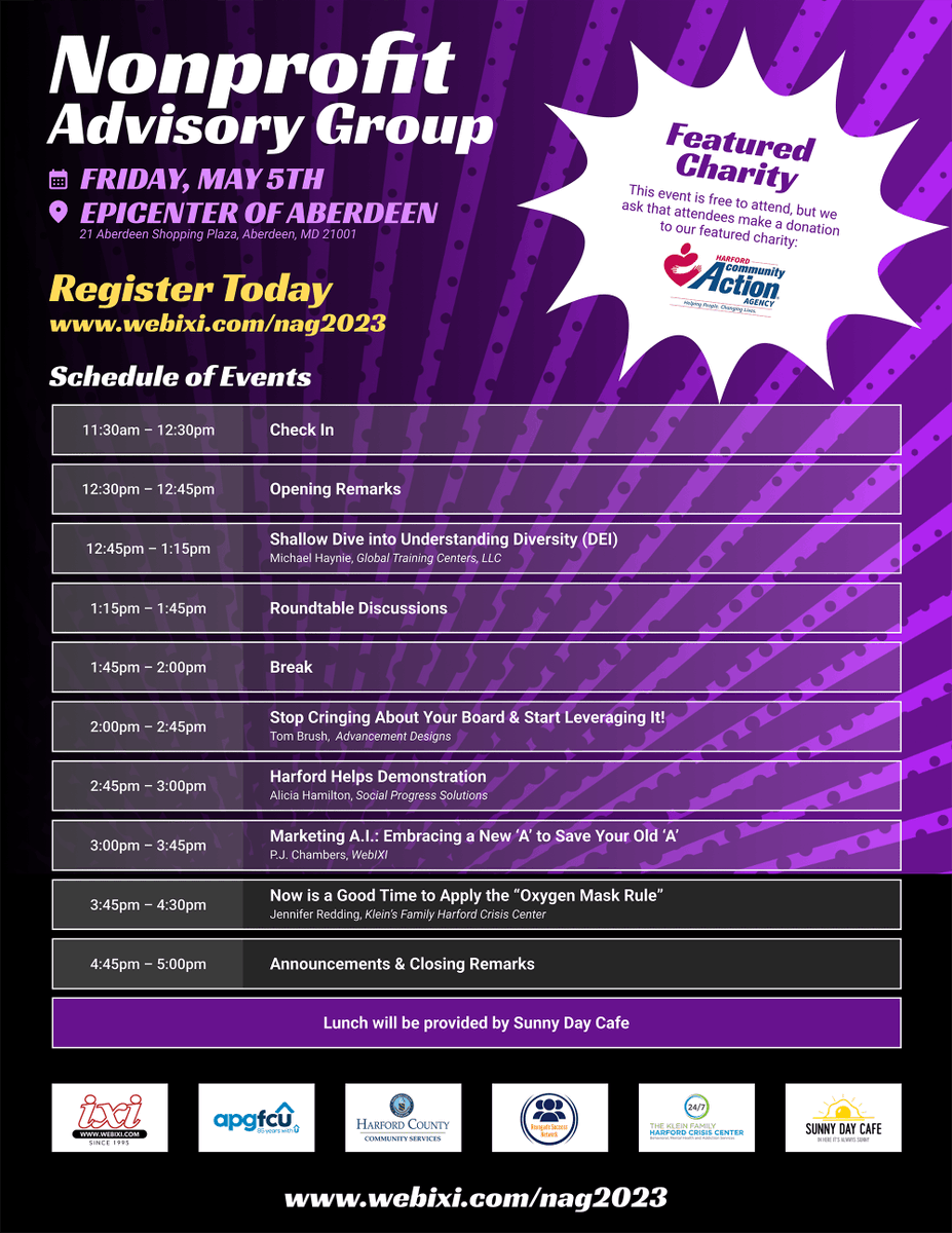 This is going to be a good one, and it's filling up fast! Register now!
Nonprofit Advisory Group - May 5th, 2023 | Harford County, MD 

Register here:
webixi.com/nag2023/