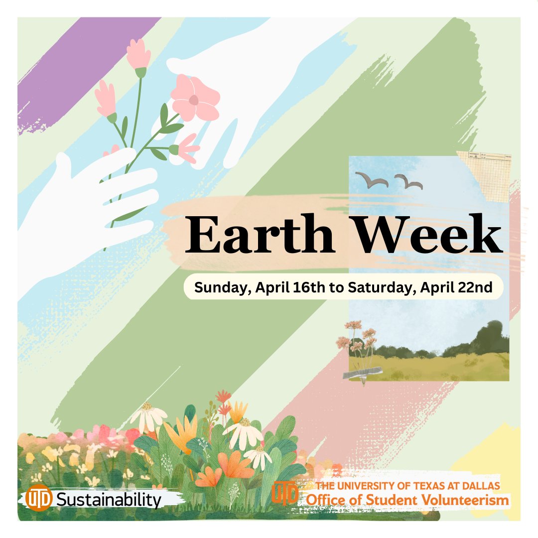 volunteer_utd's tweet photo. Earth Week is back this year, with events taking place from April 16th - 22nd. Please join the Office of Student Volunteerism and Office of Sustainability for upcoming events. Please register for the events through EngageUTD.
#volunteer_utd #cometscare #utdearthweek #earthweek https://t.co/cgRwI5CWgb