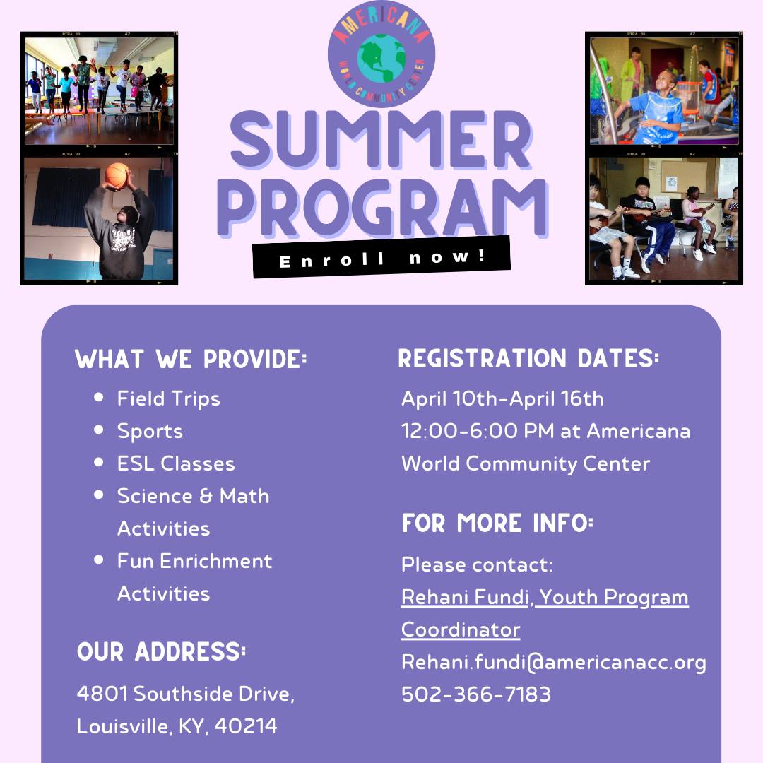 Americana World Community Center (@americana_cc) on Twitter photo Americana's summer program is open for enrollment! Children 5-18 are eligible to enroll. Parents can register their children at Americana next week between Mon, April 10 to Sun, April 16 anytime from 12-6pm. Email rehani.fundi@americanacc.org or call 5023667813 for more info. Americana's summer program is open for enrollment! Children 5-18 are eligible to enroll. Parents can register their children at Americana next week between Mon, April 10 to Sun, April 16 anytime from 12-6pm. Email rehani.fundi@americanacc.org or call 5023667813 for more info.