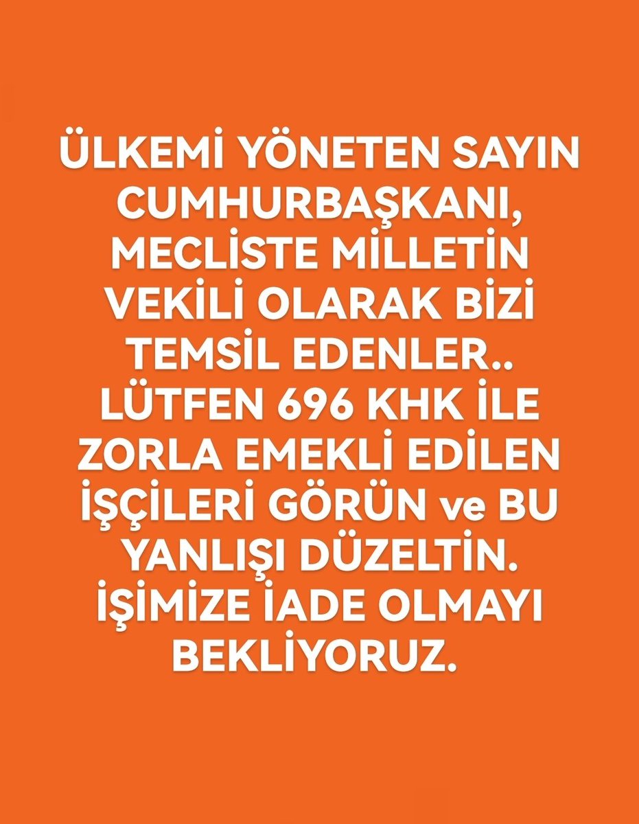 696khk da Zorunlu Emeklilik kaldırılırken şu ana kadar zorunlu emekli edilenlerin de İŞE İADE edilmeleri gerekirdi. Anayasanın eşitlik ilkesine aykırı olan bu uygulama son bulmalı.
ALINTERİMİZİ GERİ VERİN LÜTFEN 
#ToplumsalBeklentilerPaketi
<a href="/RTErdogan/">Recep Tayyip Erdoğan</a> <a href="/vedatbilgn/">Vedat Bilgin</a>
<a href="/AYMBASKANLIGI/">Anayasa Mahkemesi</a>