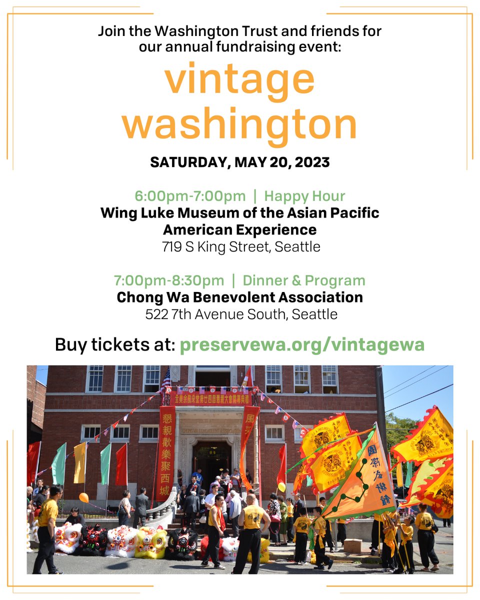 Join us on Saturday, May 20, for our annual Vintage Washington fundraiser! We’re thrilled to host this year’s event in Seattle’s Chinatown-International District. Find more info and buy tickets at: preservewa.org/events/vintage….
