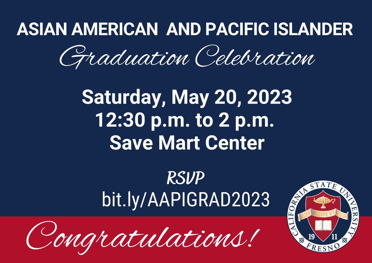 Congratulations Graduates and Allies! You are cordially invited to the Asian American and Pacific Islander Graduation Celebration on Saturday, May 20, 2023. Please RSVP at bit.ly/AAPIGRAD2023 for this milestone celebration!