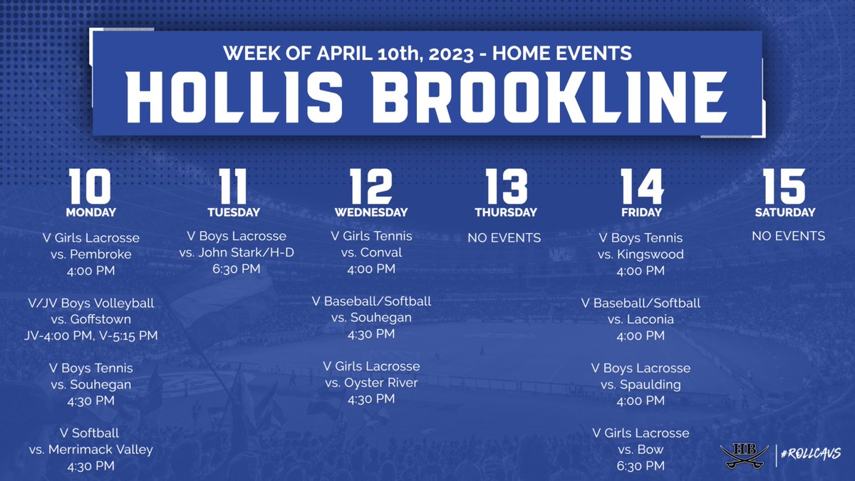 Home events schedule for the week of April 10th!  #rollcavs <a href="/HB_highschool/">Cavaliers</a> <a href="/hbabccavs/">HBABC - Hollis Brookline Athletic Booster Club</a>