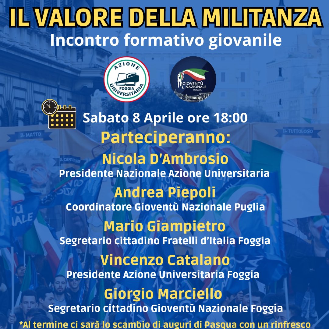 catalano_'s tweet photo. Domani alle ore 18:00 in via Bari n.40 ci sarà un incontro formativo giovanile che avrà come tema “IL VALORE DELLA MILITANZA”. Vi aspettiamo!💪🏻🇮🇹🔥 https://t.co/5NBQndFLok