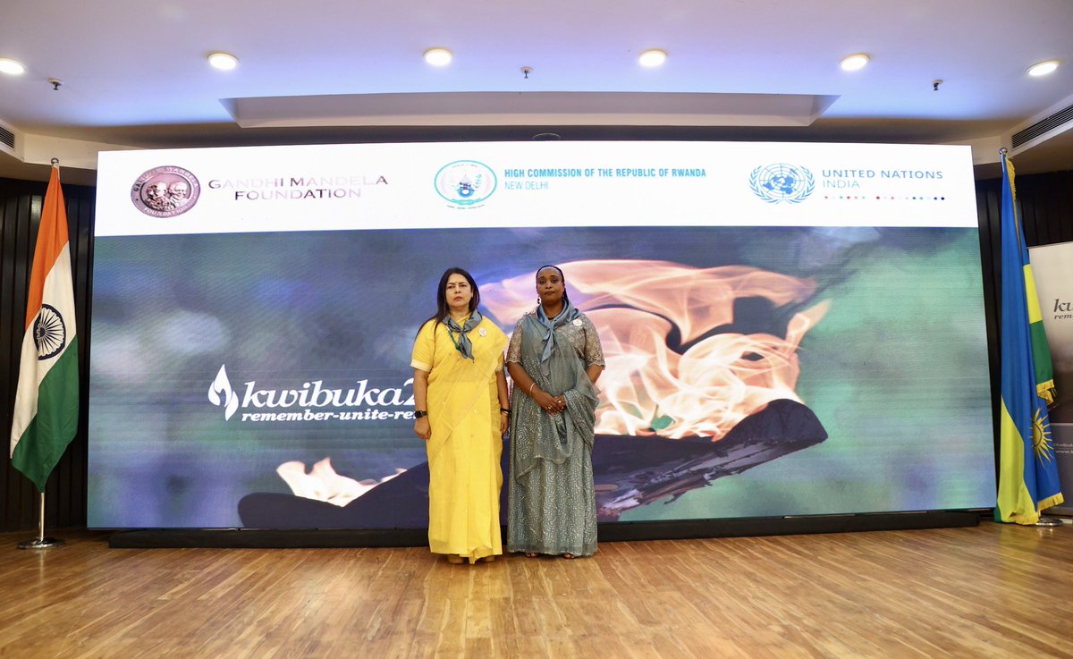 M_Lekhi's tweet photo. Honoured to be the Chief Guest on the 29th Commemoration of Genocide against Tutsis (Kwibuka 29), organised by High Commission of Rwanda along with UN India and Gandhi Mandela foundation. Paid tributes to the innocent victims who lost their lives in the 1994 genocide in Rwanda. https://t.co/0lvqS279CC