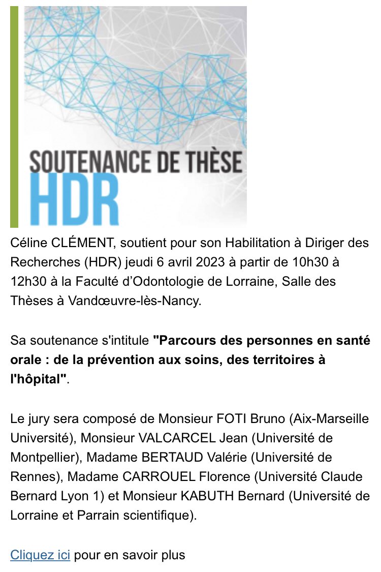 CLEMENTCELINE5's tweet photo. Hier, soutenance de mon HDR intitulée "Parcours des personnes en santé orale : de la prévention aux soins, des territoires à l'hôpital". Merci à mon jury composé des Prs V Bertaud, J Valcarcel, B Foti, et F Carrouel et de Pr Bernard Kabuth ! @Univ_Lorraine #Interpsy axe Prisme https://t.co/2qVvxXsz8C
