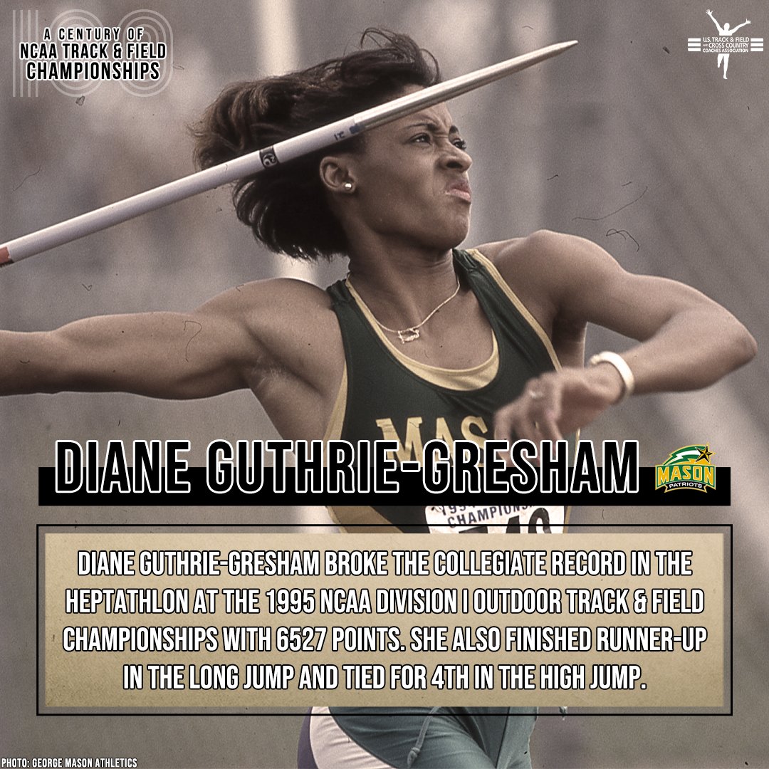 USTFCCCA's tweet photo. 𝐆𝐑𝐄𝐄𝐍 &amp; 𝐆𝐎𝐋𝐃

Diane Guthrie-Gresham of @GeorgeMasonTFXC owns the oldest current women's collegiate outdoor record in the book. DGG set the heptathlon CR of 6527 points back in 1995 to win the @NCAATrackField title.

https://t.co/7sT09svslv https://t.co/FyPlBkqj13