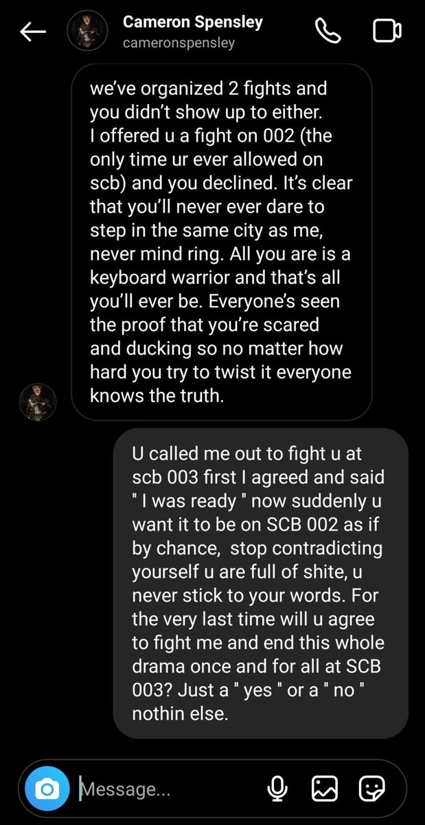 CBPBoxing's tweet photo. this is a screenshot of ugo and cameron talking in dms, however I have also talked with @TheInfamousUGO and he has agreed to fight cameron on 002 so cameron tell me how is ugo ducking, now take the fight! @SCB_Rich let's make it happen https://t.co/LOXIsxVvyV