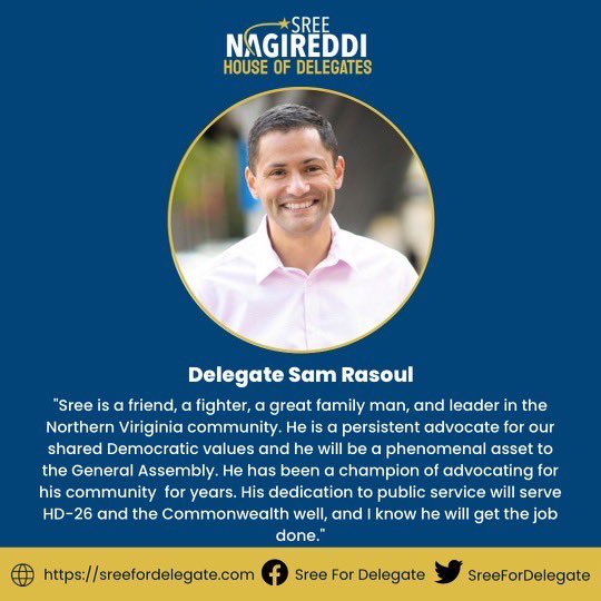 SreeForVirginia's tweet photo. I’m thrilled to announce that Delegate Rasoul, member of the Virginia House, has endorsed my campaign for HD-26! @Sam_Rasoul’s endorsement reflects my proven leadership in Northern Virginia and my dedication to continue making positive change for #HD26 #TeamSree https://t.co/rNt70qvumm