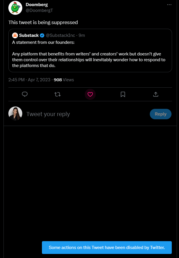 Substack put out a statement. Doomberg tweeted that it was being suppressed.

I tried to like Doomberg's tweet, and Twitter said no.