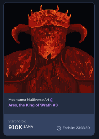 🚨 Incredibly Rare NFT Alert: 24hr Auction Only! 🚨 

Ares, King of Wrath from <a href="/MoonsamaNFT/">Moonsama</a>  Multiverse Art collection 🌟 

Fueled by humanity's unreleased emotions, Ares rules the Nightmare Side of Dreamscapes. 🌪️⚔️ 

⚔️ The first-ever Multiverse art auction for this collection.