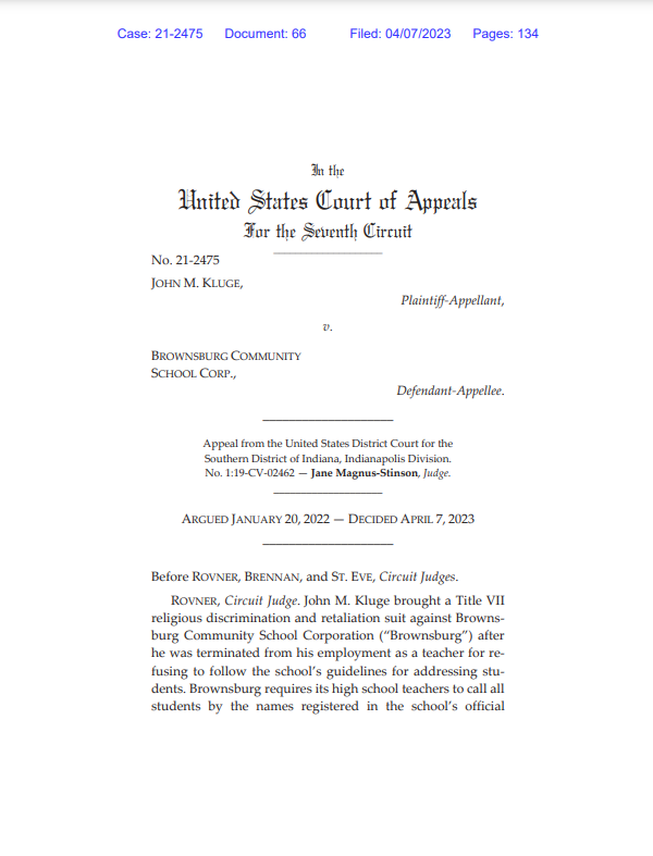 GBBranstetter's tweet photo. Seventh Circuit rules a public school teacher does not, in fact, have the right to misgender a student simply because they're trans. The Court found a religious accommodation could not justify the "harm to students and disruption to the learning environment." https://t.co/PKxagoDew3