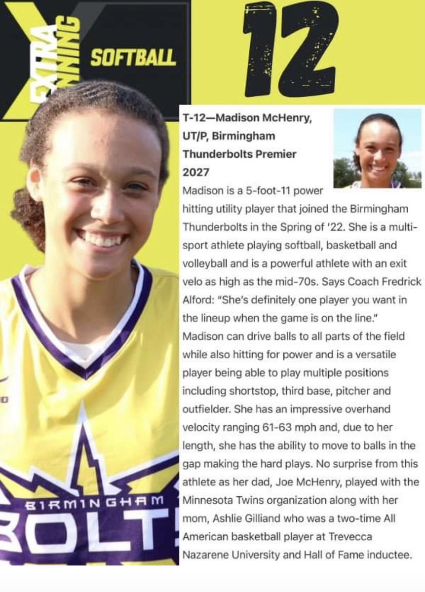 Can’t say it enough, BLESSED. Thanks to @ExtraInningSB for the recognition. The Bolts organization, my teammates, and everyone else that is on this journey with me. @SullysHustle @BhamBolts2027 @DCA__softball