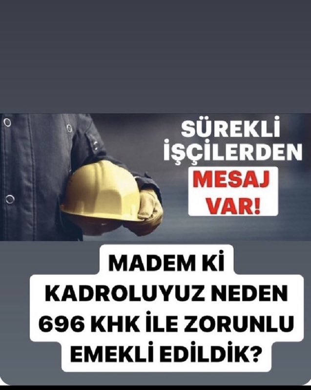 #ToplumsalBeklentilerPaketi Sayın CUMHURBAŞKANIM 696 khk zorunlu emekli mağdurları olarak 2018 de kadroya geçtiğimizi söyleyerek bizleri mutlu ettiniz. Ancak o günden beri binlercemiz emekli edildi. Biz kadro aldıysak neden zorunlu emekli edildik.??? <a href="/RTErdogan/">Recep Tayyip Erdoğan</a> <a href="/AYMBASKANLIGI/">Anayasa Mahkemesi</a>