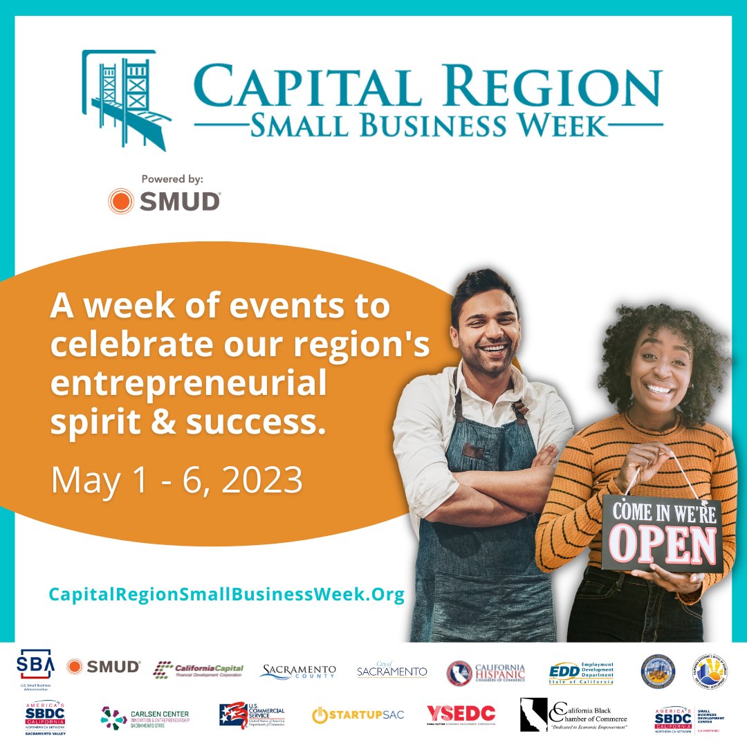 Mark your calendars!

Capital Region Small Business Week is coming soon; bringing together entrepreneurs, seasoned business owners, and business experts from across the Greater Sacramento area.

Head to capitalregionsmallbusinessweek.org/schedule/ for a sneak peak of all the events!