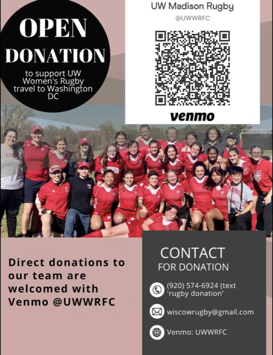 HaileysComet15's tweet photo. Nationals 2x in a row? The UW Women's Rugby team is getting GOOD. We want to alleviate the financial burden on students as much as possible, please consider donating to our team. #WisconsinRugby #WIrugby #womensrugby https://t.co/DWlo4LgghH