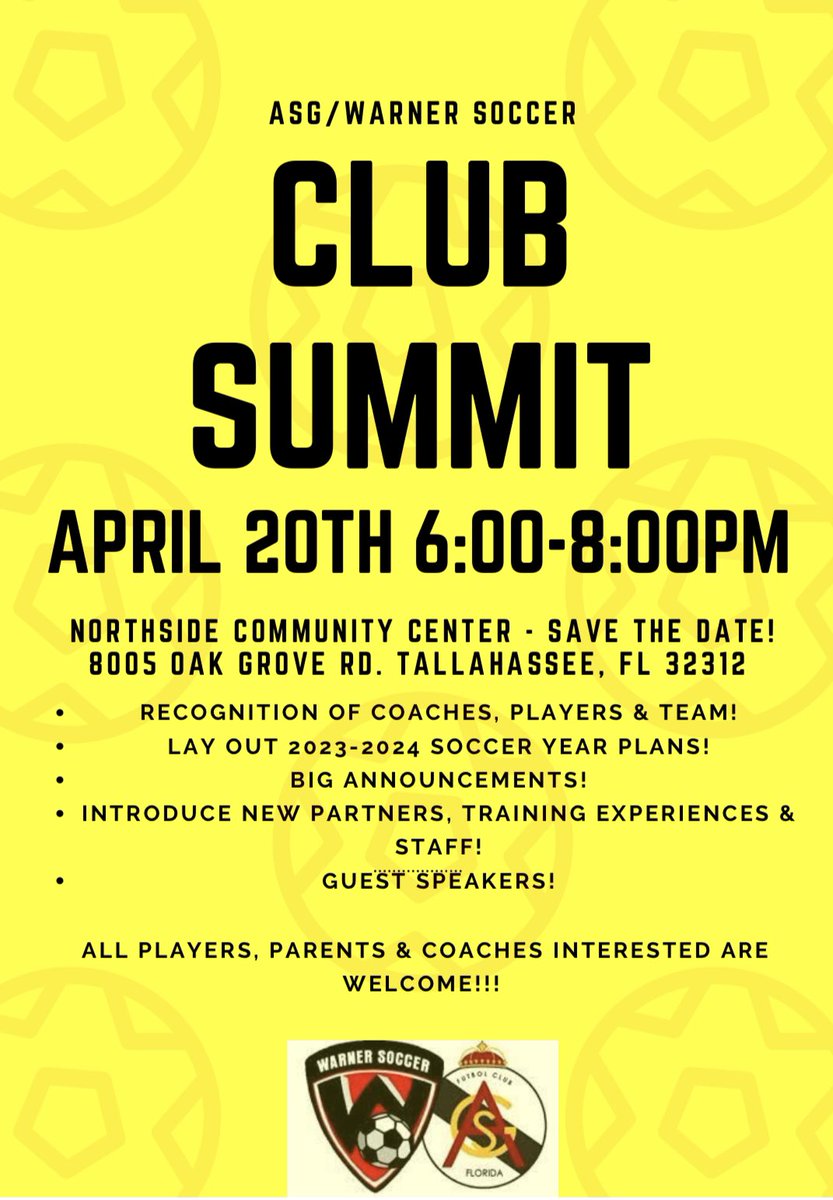 ASGFlorida's tweet image. Join us April 20th from 6:00-8:00pm at the Northside Community Center for our annual ASG/ Warner Soccer Club Summit! All players, coaches &amp;amp; parents are welcome!