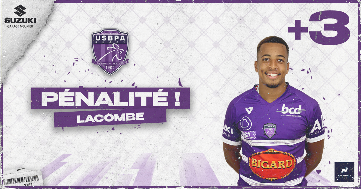 USBPA_Rugby's tweet photo. 76' | OH LA PENALITE DE 50 GRAINS QUI PASSE  ! Le gros coup de chausson de Lacombe qui redonne l'avantage aux Violets ! 

🐓 32 - 29 🐝
#USBPASCA 
#AllezViolets https://t.co/IiVxzT28x6
