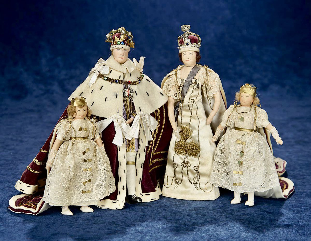 Some miniature #FridayNightFrills: a set of Liberty of London dolls of George VI, Queen Elizabeth and Princesses Elizabeth and Margaret Rose wearing Coronation robes, c1937