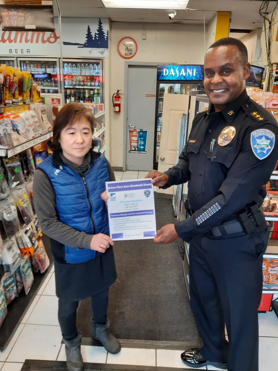 TacomaPD's tweet photo. Tacoma PD, Children's Advocacy Center, n Mary Bridge Children's realize how important it is to
 remove guns off the street. Tacoma Police Chief Avery Moore is in the community  personally passing out fliers to local businesses and citizens to promote the event. #Tacoma Bervin https://t.co/HMOFHQjOXY