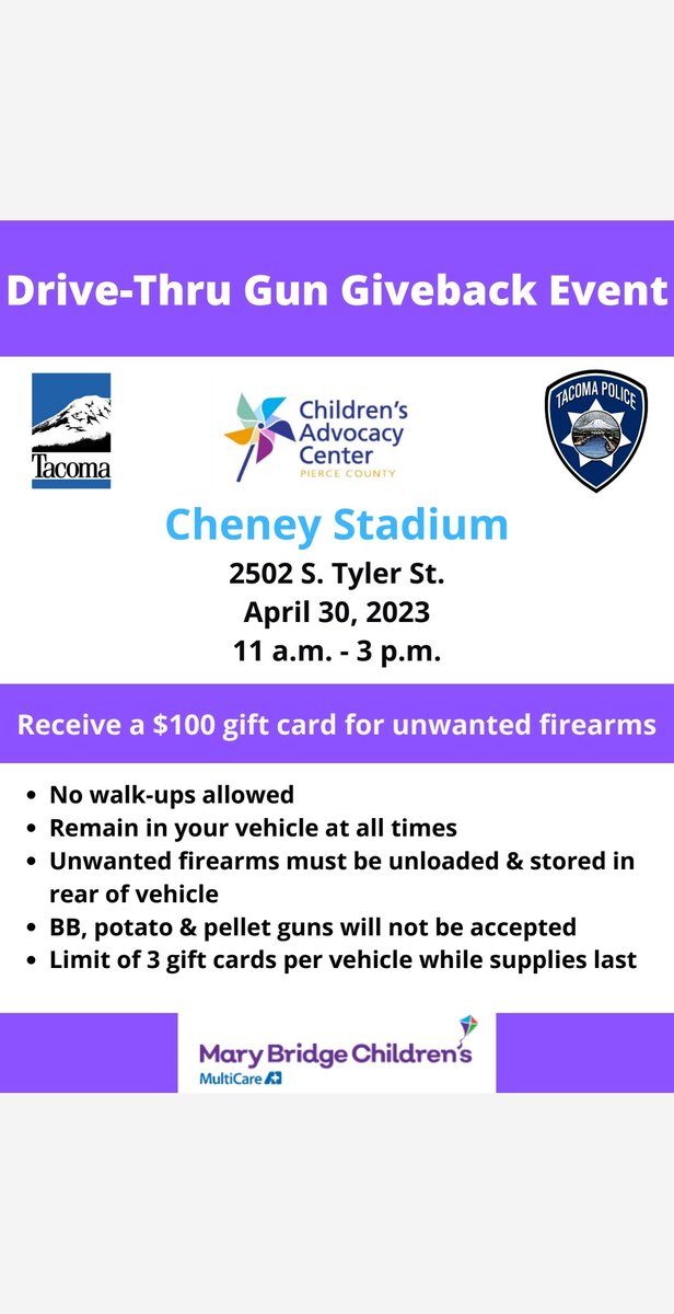 TacomaPD's tweet photo. Tacoma PD, Children's Advocacy Center, n Mary Bridge Children's realize how important it is to
 remove guns off the street. Tacoma Police Chief Avery Moore is in the community  personally passing out fliers to local businesses and citizens to promote the event. #Tacoma Bervin https://t.co/HMOFHQjOXY