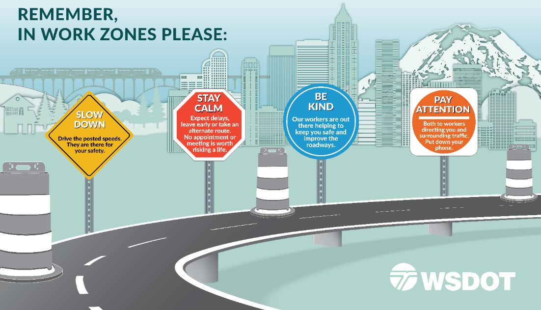 wsdot's tweet photo. As we move through Work Zone Awareness Month, there are a few phrases we want everyone to keep in mind:
▪️ Slow Down
▪️ Stay Calm
▪️ Be Kind
▪️ Pay Attention https://t.co/hEglbxZviw