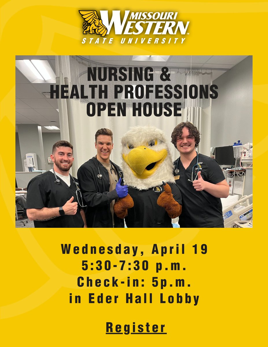 Join us April 19th for a Nursing and Health Professions Open House. Move through various stations to learn more about our programs and get your questions answered.
Register here:
apply.missouriwestern.edu/register/?id=6…