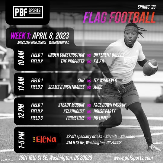 pbfsports's tweet photo. PBF Fam, it’s week 1 of PBF Sports Spring Flag Football season! Come on out and join the fun! We’ll be heading to @barelenadc after for $6 rails &amp; wines and other drink specials! 

#PBFsports #SpringFlagFootball #LetsGetIt #playpbf #WashingtonDC #dcflagfootball https://t.co/YlKCMnqWZf