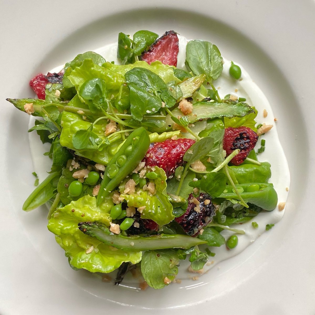 On special tonight (4/7): Charred Asparagus &amp; Strawberry Salad (watercress and bibb lettuce with sugar snap peas, whipped goat cheese, Marcona almonds, mint &amp; lemon shallot vinaigrette)