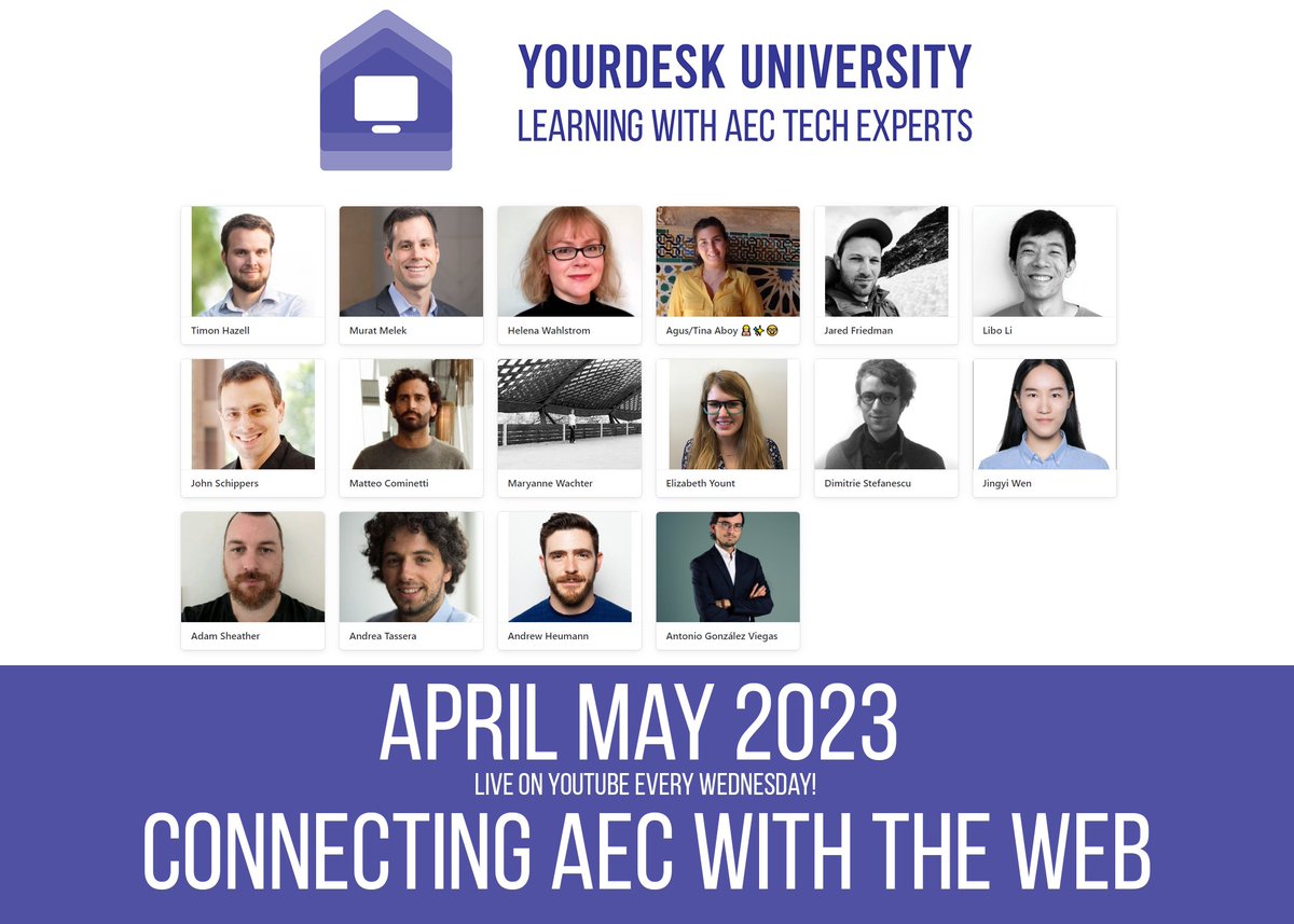TmnHzll's tweet image. We are really excited to bring another semester of #AEC tech experts to a desk near you! Starting next week! #computationaldesign