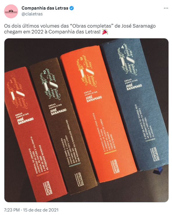 montecchyo's tweet photo. @cialetras Obras Completas do José Saramago volume 5. Ops, perae, ainda não foi publicado 😅 https://t.co/XglM8E41Uz