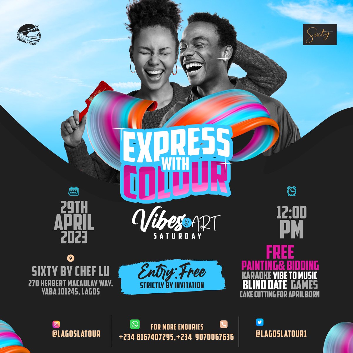LagoslaTour1's tweet photo. The theme of the upcoming edition of VIBES&amp;ART is "Express with Colour", which will take place this month. The event will feature a variety of activities such as karaoke, blind dates, cake cutting for April celebrants, music, games, and a unique opportunity for everyone to https://t.co/Ay8sWzcric