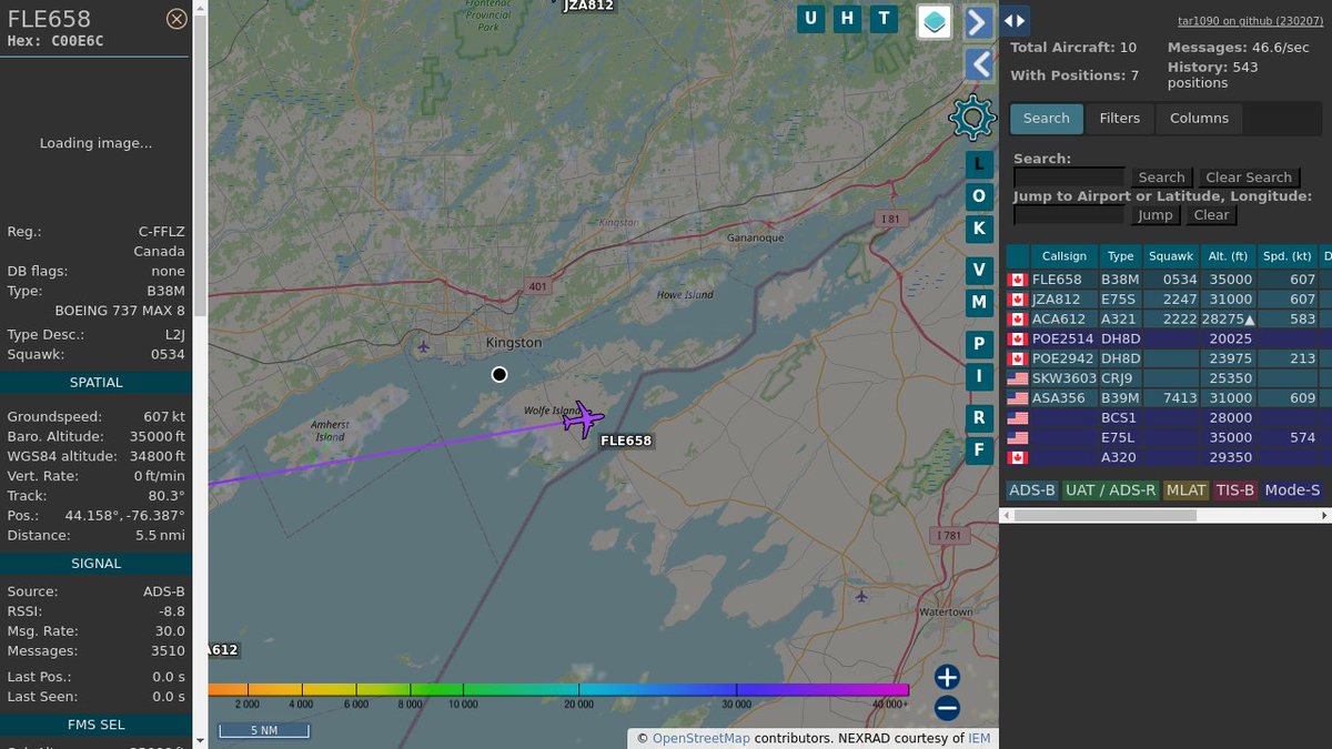 #FLE658 C-FFLZ 737MAX 8 Flair Airlines @ 35000 ft and 49.7° frm hrzn, heading E @ 1123.4km/h 15:21:38 globe.adsbexchange.com/?icao=C00E6C #WayTheHeckUpThere #FlyingFast #OverKingston #dump1090 #ADSB