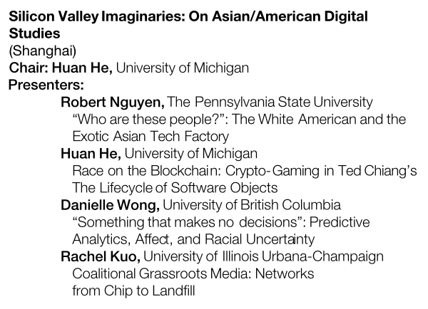 Rob_Nguyen's tweet photo. Join @huan_direction, @danielledywong, @rachelkuo, and myself this afternoon for our panel Silicon Valley Imaginaries: On Asian/American Digital Studies! (Shanghai, 2:45 TODAY) #aaas2023 https://t.co/9ANOTechNh