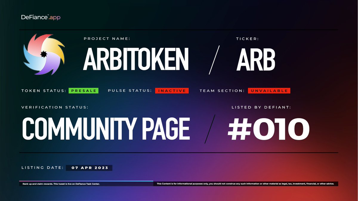 .<a href="/Arbi_Token/">Arbi Token</a> community page is now live on DeFiance.app/project/Arbi_T…

$ARB public sale opening shortly.

ArbiToken.io offers cross-chain arbitrage and passive income through staking on #ETH, #Polygon &amp; #BNB.

Learn more at users.DeFiance.app.
#ArbiToken #DeFianceApp