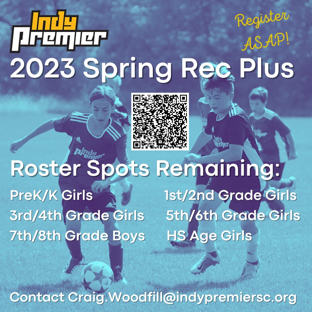 IndyPremierSC's tweet photo. 🚨ATTENTION🚨
Limited Spots Remain for spring Rec Plus. See eligible age groups and scan QR code to take advantage of fun this spring!!! #recplusrules #springintoaction #scanthecode👆 https://t.co/8TcZalOgxq