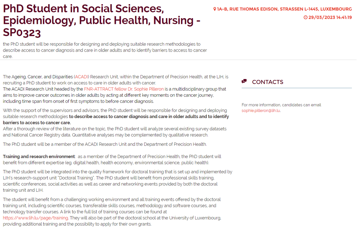PhdScanner's tweet image. 📢Passionate about #Epidemiology ?      

✅3⃣year funded  #phdposition on &quot; Identifying barriers to #accessing  #Cancer #diagnosis  and #care in #olderadults&quot; @LIH_Luxembourg 

✅Work with amazing Prof @SPilleron  &amp;amp; team  

⏰Deadline: 1 June &apos;23   

Source 👇…