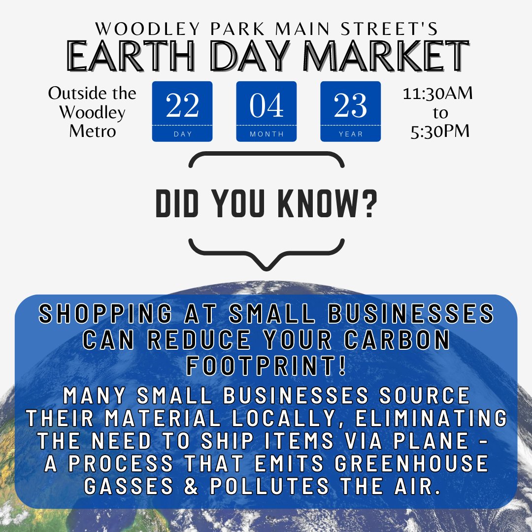 WoodleyParkMS's tweet image. #ShopSmall and shrink your carbon footprint! Join us and our incredible group of small businesses on Saturday, April 22nd for our Earth Day Market! Remember, bring your reusable bag. 😉 🌎 ❤️
.
#EarthDay / #SmallBizDC / #WoodleyParkMainStreet
