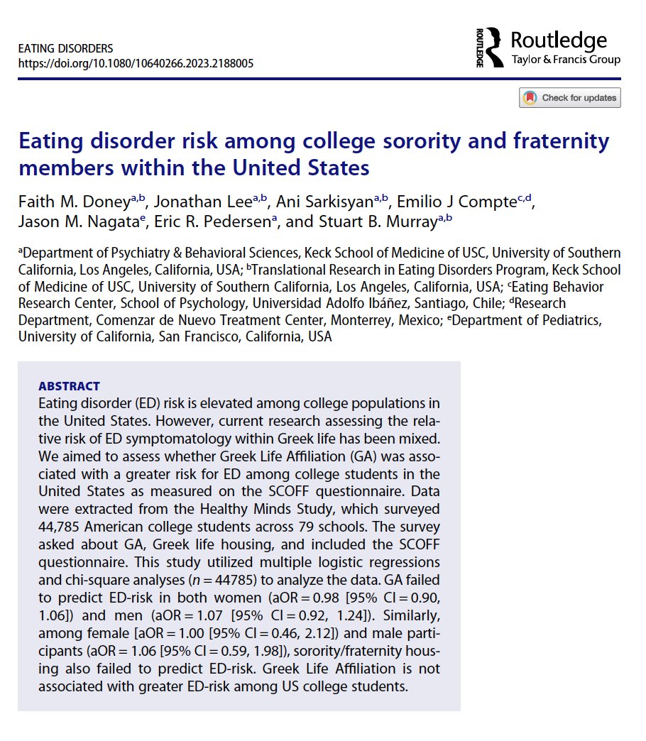 Dr. Stuart Murray (@drstuartbmurray) on Twitter photo So we know that college students are at elevated risk for #EatingDisorders.
Do we know if #GreekLife sorority or fraternity membership causes elevated risk?
Check out our paper in <a href="/EDsJTP/">ED Journal of T&P</a> assessing this question.
tandfonline.com/doi/full/10.10…
<a href="/CompteDr/">Dr. Emilio J. Compte (he/him/his)</a> <a href="/jasonmnagata/">Jason Nagata, MD</a> <a href="/ericRpedersen/">Eric Pedersen</a> So we know that college students are at elevated risk for #EatingDisorders.
Do we know if #GreekLife sorority or fraternity membership causes elevated risk?
Check out our paper in <a href="/EDsJTP/">ED Journal of T&P</a> assessing this question.
tandfonline.com/doi/full/10.10…
<a href="/CompteDr/">Dr. Emilio J. Compte (he/him/his)</a> <a href="/jasonmnagata/">Jason Nagata, MD</a> <a href="/ericRpedersen/">Eric Pedersen</a>