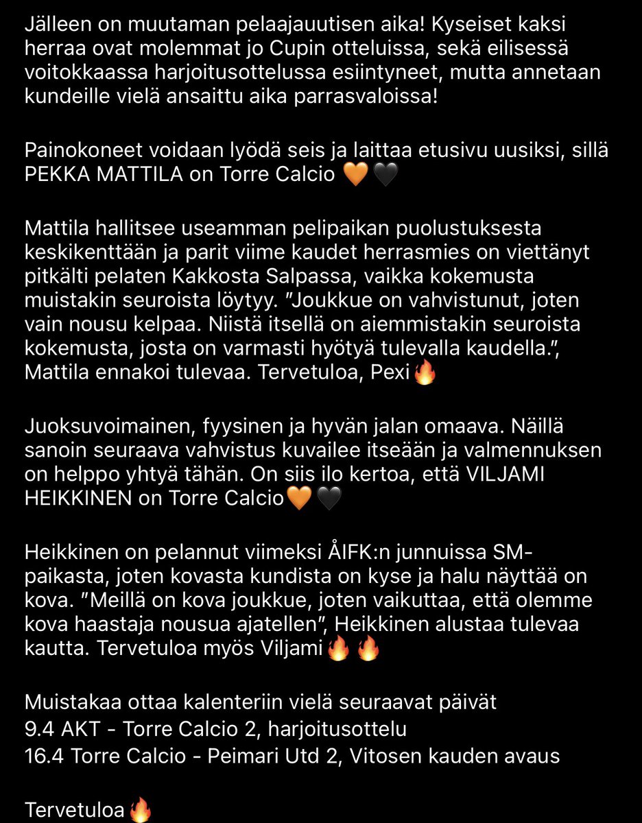 TorreCalcio's tweet photo. Tervetuloa Pexi ja Viljami! #Torrecalcio https://t.co/XRZgmxSPjx
