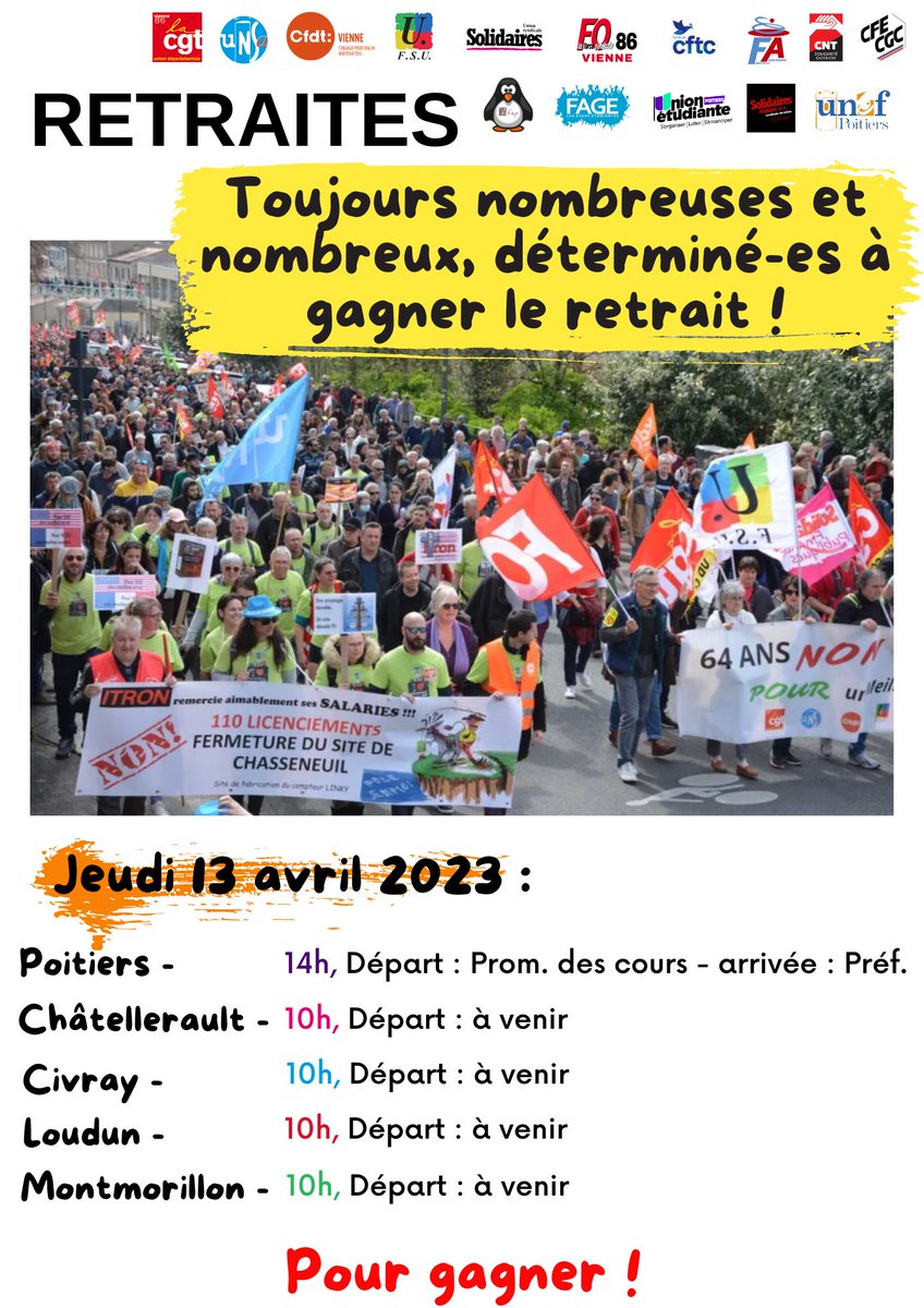 Fsu086's tweet photo. La semaine pro, la lutte contre la réforme des retraites continue ! 2 rendez-vous :
- Jeudi 13 avril : Manif 14h promenade des cours à Poitiers.
- Vend 14 avril : Rassemblement à partir de 17h place de la Mairie à Poitiers. 
On ne lâche rien, POUR GAGNER !!!
#reformedesretraites https://t.co/OBCHswlwqN