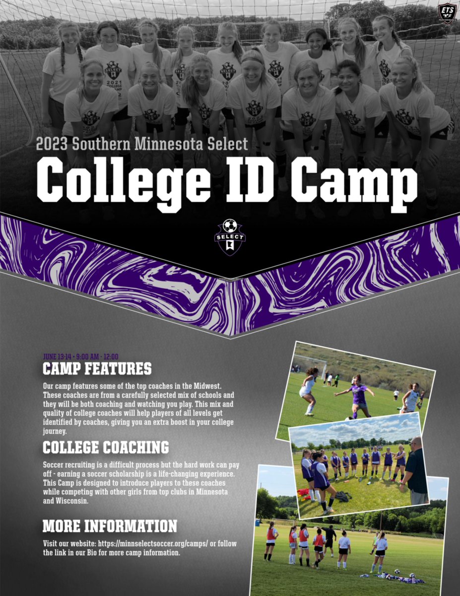 Registration is open for our 2023 College ID Camp sponsored by ETS on June 13 and 14. More information can be found on our website or click on the link in our Bio! #nextlevel #levelup #hwpo #minnselectsoccer