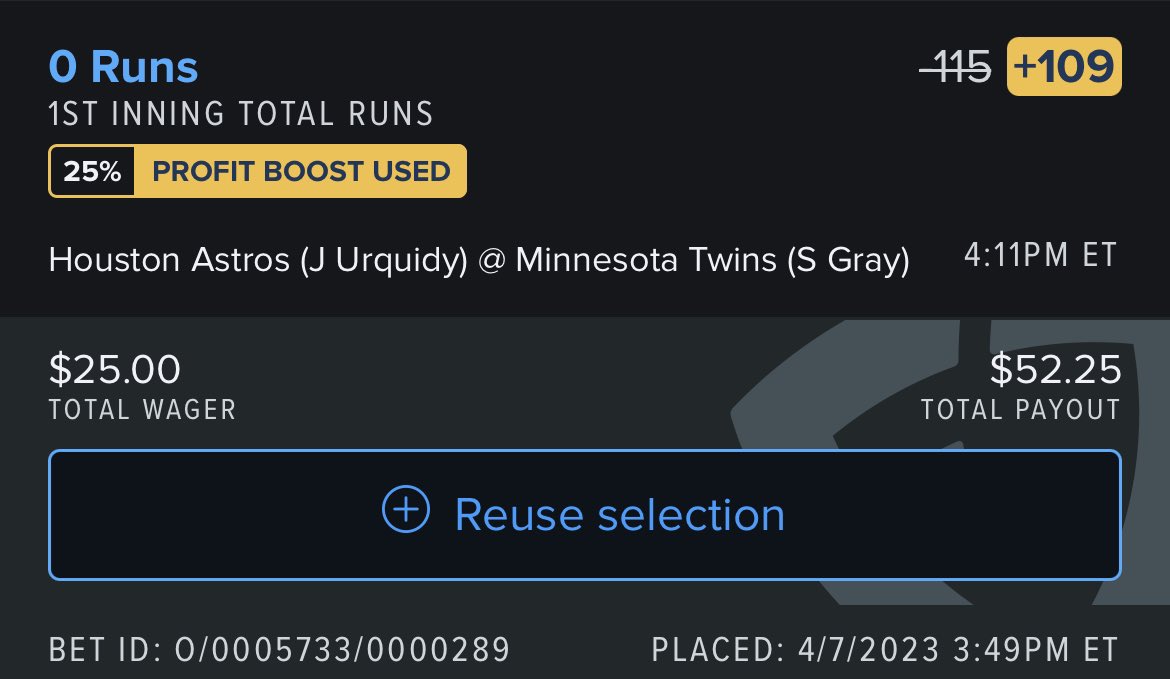 letsgettergoinn's tweet photo. ‼️FREE PICK‼️ Fanduel -115 (+109 boost)
1/2 unit - No run first inning Astros VS Twins
We’re 1-0 on free bets since we started keeping track let’s stay undefeated!
Good luck and like if you’re tailing👍🏻
#fanduel #draftkings #gamblingtwitter #nba #nbapicks #nhlpicks #nhl #prizepicks #sports #money #sportbetting #gettergoin #mlb #mlbpicks