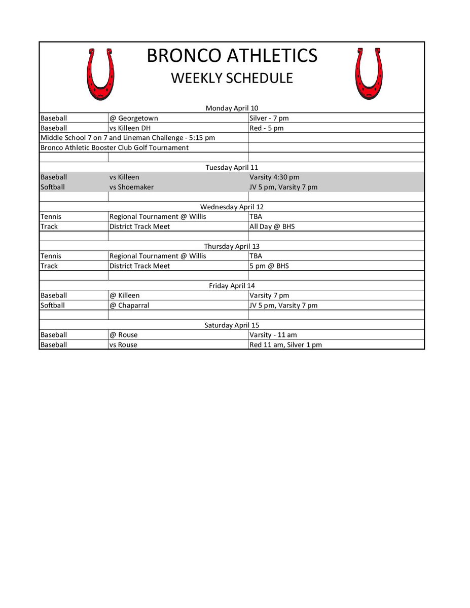 Big week next week for <a href="/BroncosLbhs/">LBHS Broncos</a>.  <a href="/LbhsTennis/">LBHS Bronco Tennis</a> is at Regionals.  <a href="/lakebroncotrack/">Lake Belton Boys Track & Field</a> &amp; @Bronco_Track have District.  <a href="/LBBBaseball/">Lake Belton Baseball</a> has big home game on Tue at 4:30 and <a href="/LBBroncoSB/">Lake Belton Bronco Softball</a> can clinch the District Championship with home win on Tue.  Also have <a href="/LBAthleticBoost/">LBHS_Athletic_Boosters</a> Golf Tourney.