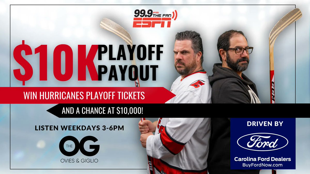 🚨𝟭𝟬𝗞 𝗣𝗟𝗔𝗬𝗢𝗙𝗙 𝗣𝗔𝗬𝗢𝗨𝗧🚨

Today is your last chance! Tune in during The OG from 3-6 PM! 

Call the station (919) 860-5326 and be lucky caller number 9 for a chance to win a pair of #Canes playoff tickets AND 10K!

Driven by <a href="/localforddealer/">Carolina Ford Dealers</a>