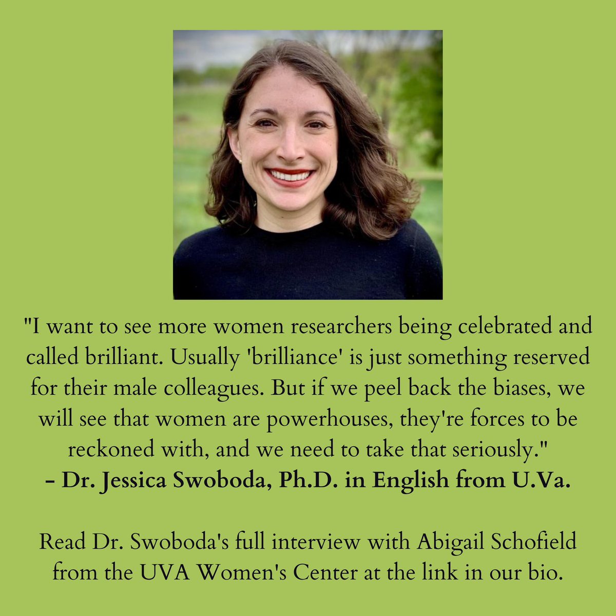 This week’s #quoteoftheweek comes from recent PhD recipient, Dr. Jessica Swoboda. Head to the link in our bio to learn more about her research and thoughts on academia today. Spoiler alert: Billie Jean King and the Golden Girls make an appearance 🎾 @JessSwoboda <a href="/UVaWomensCenter/">UVA Women's Center</a>