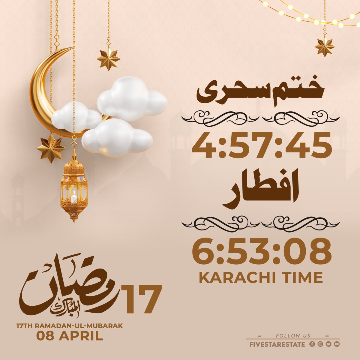 FiveStarEstate2's tweet photo. Sehri &amp; Iftar Timing (Karachi)
17 Ramadan | 08 April
Ramadan Mubarak.♥🌙
Reach Out To Five Star Estate On YouTube 👇🏼

https://t.co/Lw4cpCmbL1 https://t.co/N880ogguu0