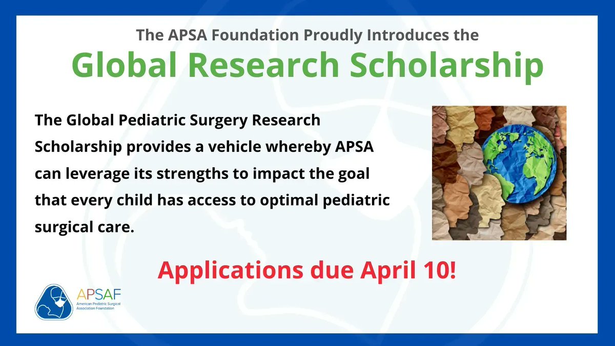 APSAFoundation's tweet photo. Three days left to apply for the NEW Global Pediatric Surgery Research Scholarship! Help us encourage high quality research into pediatric surgical disease and care in regions of health inequity and resource constraints across the globe. Learn more here: https://t.co/P3ZsRU4CHi https://t.co/V4upOAEaGc